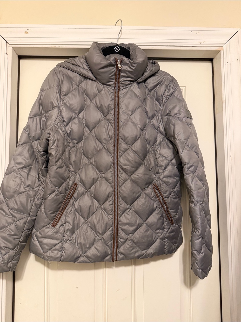 Lauren Ralph Lauren Packable Down Puffer Jacket Gray Hooded Large Pewter